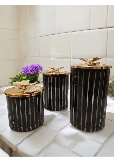 3'lü Çizgili Dekoratif Kavanoz Seti - Siyah Siyah