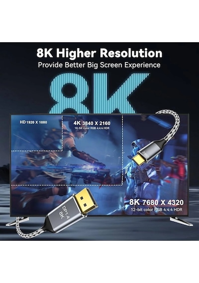 Miaxtreme 8k Displayport Dp Kablo Örgülü 1.5 Metre 1.4 Versiyon Dp Kablo Gaming Sinema Yüksek Kalite Dp Kablo