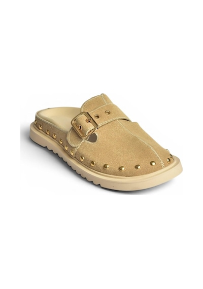 Fox Shoes Y918143802 Bej Süet Önü Kapalı Zımba Detaylı Sabo Terlik