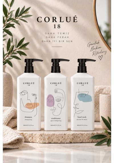 Siyah Kapaklı Corlue 18 Şampuan 360 Ml + Saç Krmei 360 Ml + El Sabunu 360 Ml Tüm Saçlar