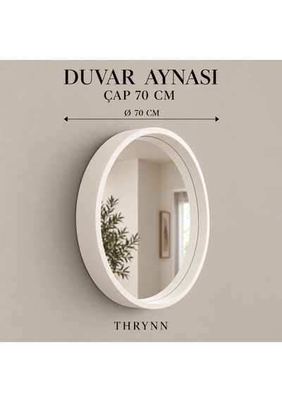 Dekoratif Duvar Aynası Yuvarlak Çerçeveli 70cm Beyaz Şifonyer Ve Makyaj Masası Üstü