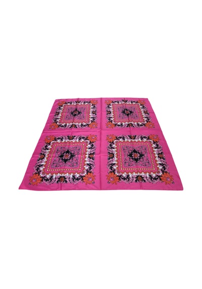 Tikitonki Etnik Desenli Kare Kesim Saten Pembe Eşarp - 90x90 Fuşya Fuşya