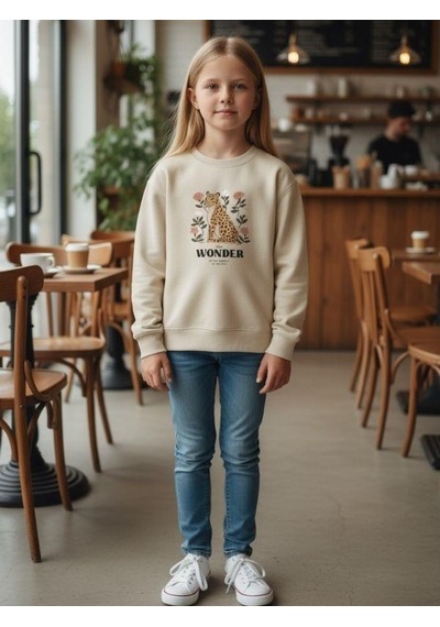 Kız Çocuk Leopar Desenli Sweatshirt-16344 KREM
