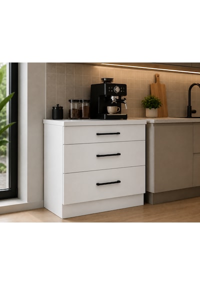 Şah Mutfak 3 Çekmeceli Alt Modül 80 Cm - Çok Amaçlı Dolap - Beyaz Laminat Tezgah Dahil