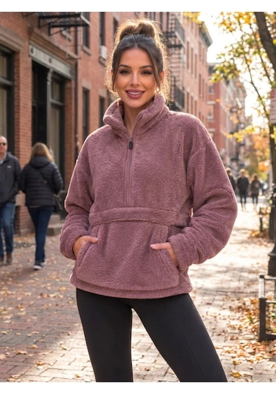 DefyModa Kadın Yarım Fermuarlı Kanguru Cepli Peluş Wellsoft Sweatshirt Gülkurusu