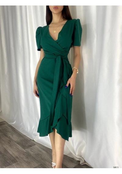 Vexor Kadın Kruvaze Yaka Midi Boy Kuşaklı Krep Elbise 120 Cm Yeşil