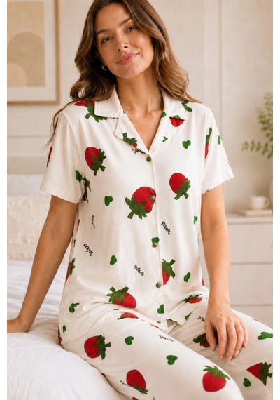 Northcity Ekru Çilek Desenli Kısa Kollu Gömlek Yaka Milan Kumaş Kadın Pijama Takımı