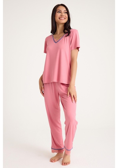 Amarelle Dream Pembe Viskon V Yaka Dantel Detaylı Pijama Takımı Pembe