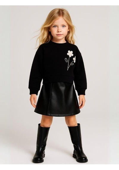 Kız Çocuk Çiçek Desenli Sweatshirt-16127 Siyah