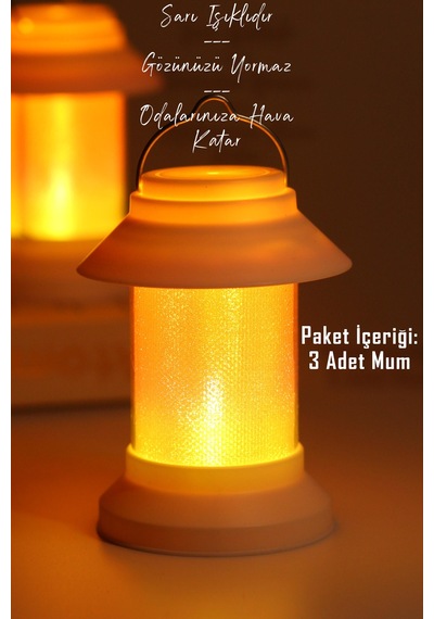 3lü Led Mum Sokak Lambası Tip Kulplu Dumansız Pilli Alevli Dekoratif Yapay Mum Işıldak Beyaz 1036-9