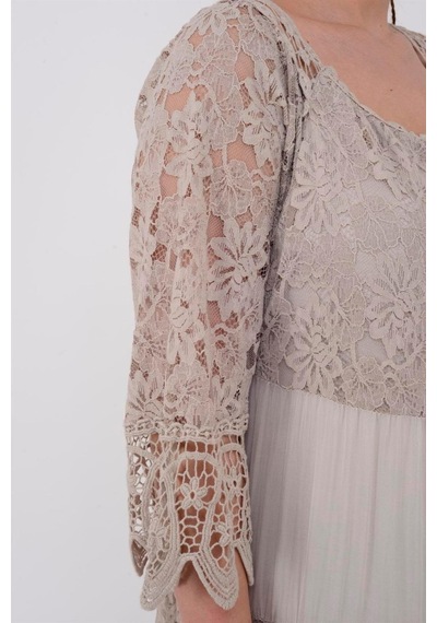 Eren Style İtalyan Sunshine İpek Detaylı Dantelli Elbise-9033 KREm Krem
