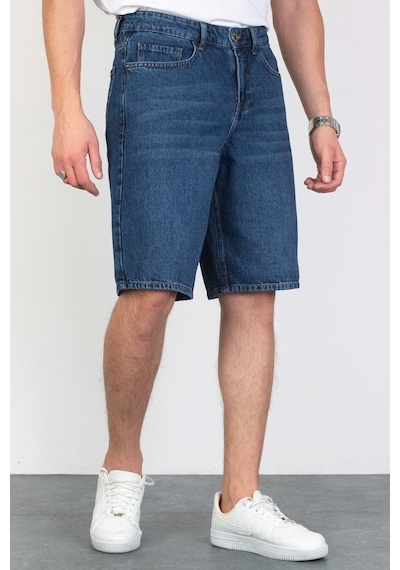 HLT Jeans Erkek Koyu Mavi Baggy Fit Rahat Kesim %100 Pamuk Denim Loose Jeans Kot Şort Arthur-Kymavi 001