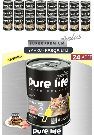 Pure Life Plus 24'lü Tavuklu Yavru Puppy Kedi Konserve Chunk Parça Etli Yaş Mama 400 G