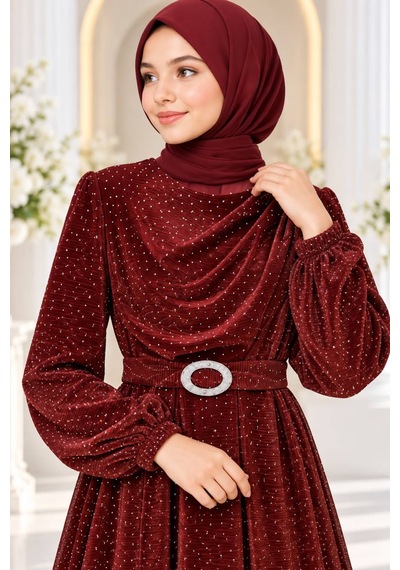 Çlm Store Simli Taşlı Kemer Detaylı Kız Çocuğu Elbise Abiye Bordo Bordo