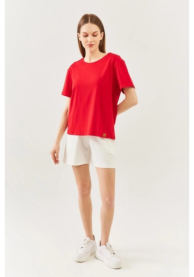 Kadın Rahat %100 Pamuklu Penye Bisiklet Yaka Kısa Kol Basic T-shirt Kirmizi
