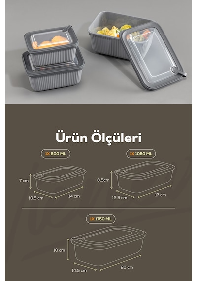Vienev 3'lü Vip Dikdörtgen Mikrodalga Ve Difrize Uygun Saklama Kabı Seti Gri 1x 1750,1050,600 Ml Antrasit