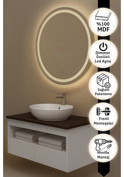 Aurora 60cm Banyo Dolabı Seti Yuvarlak Led'li Dokunmatik Ayna + Mdf Lavabo Dolabı + Seramik Lavabo Beyaz - Ceviz