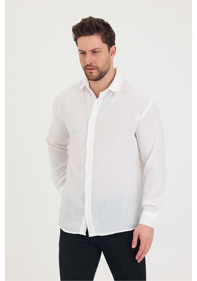 Cool Tarz Erkek Slim Fit Dar Kalıp Uzun Kol Pamuklu Keten Efekt Gömlek Beyaz Beyaz