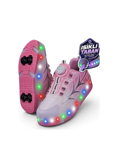 Nstil Unisex Yetişkin Çocuk Spor Ayakkabı Akıllı Bağcıklı Çıkarılabilen Patenli Işıklı Sneaker 003 Pembe