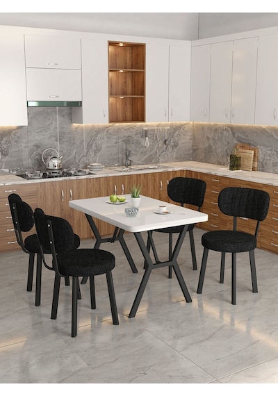Azra 70x110cm Beyaz Mutfak Masası, Mutfak Masası Takımı, Yemek Masası, 4 Siyah Sandalye Siyah