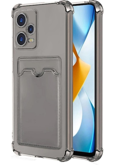 Redmi Note 12 Pro 5G Kılıf Darbe Emici Köşe Korumalı Kartlıklı Cüzdanlı Silikon Kapak Füme