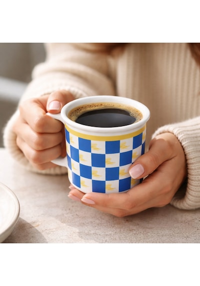 Dyris 8 Cm Porselen Kahve Kupası Mavi Kare Desenli, Americano & Filtre Kahve Fincanı Mavi - Beyaz