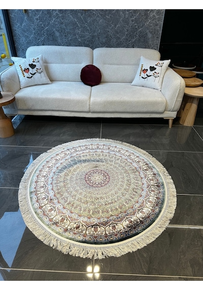 Orfe İpek Tuşeli Halı Salon Halısı, Oturma Odası Halısı, Antre Giriş Halısı Yuvarlak Yeşil
