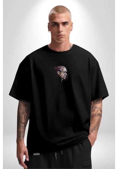 İnsan Kafası Sulu Boya Siyah Oversize Unisex Ön Orta Minimal Baskılı Tişört Siyah