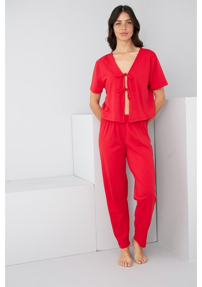 Siyah İnci Bağlamalı Örme Pijama Takım7889 Kırmızı