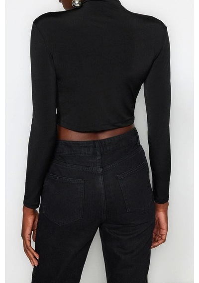 Ersefa Moda Dik Yaka Örme Slim Düz Desen Şık Gece Crop Uzun Kol Bluz Siyah