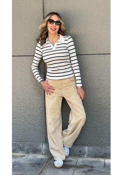 Polo Yaka Çizgili Kaşkorse Bluz - S504447 Çok Renkli Polo Yaka Çizgili Kaşkorse Bluz - S504447 Çok Renkli