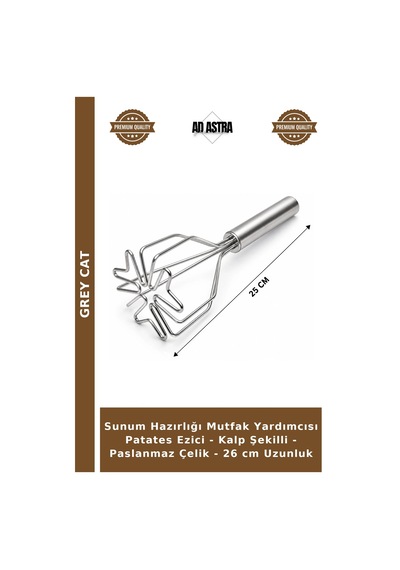 Sunum Hazırlığı Mutfak Yardımcısı Patates Ezici - Kalp Şekilli - Paslanmaz Çelik - 26 Cm Uzunluk