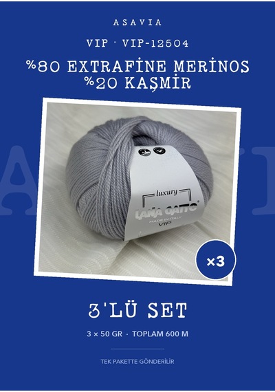 Lana Gatto Vıp Örgü İpi 3'lü Set 3 X 50 Gr %80 Extrafine Merinos %20 Kaşmir Vıp-12504