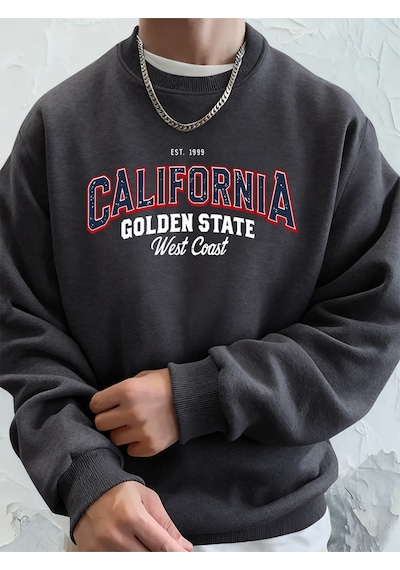 Startmore Startmorecalifornia Golden State Baskılı Erkek Kazak Kış Bisiklet Yaka Kapşonlu Sokak Polar Sıcak Gevş Antrasit
