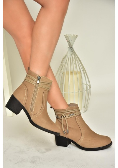 Fox Shoes T555703303 Vizon Hakiki Deri Kalın Topuklu Kadın Bot Vizon