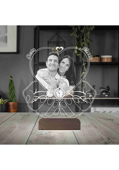 Luvivia Kalp Sevgiliye Hediye Fotoğraflı Metal Saatli 3d Lamba - Masa Gece Lambası