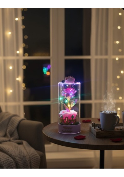Işıklı Güllü Özel Cam Fanus Sevgililer Günü Hediyesi Sevgiliye Hediye 19 Cm Pembe