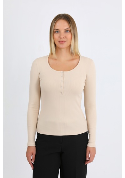 Hdm Kadın Bej Uzun Kollu Fitilli Patlı Çıtçıtlı Basic Örme Bluz - H6172