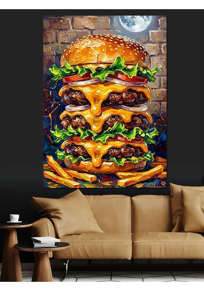 Ay Işığı Altında Devasa Katlı Hamburger Dekoratif Kanvas - Mdf Ahşap Tablo