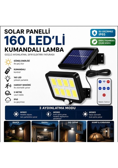 160 Led Solar Bahçe Aydınlatması, 6&apos Lı Güneş Panelli Led Lamba, 5 Metre Kablolu Ve Kumandalı 5570 Sarı