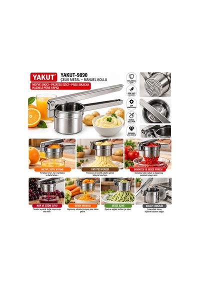 Lunaev Manuel Kollu Metal Patates Ezici Ve Meyve Presi 420ml Beyaz