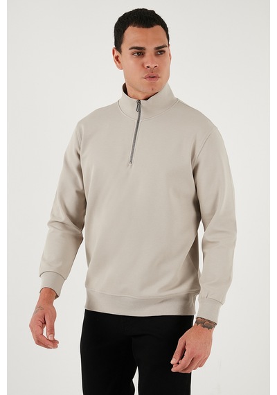 Buratti Pamuklu Regular Fit Yarım Fermuarlı Dik Yaka Erkek Sweat 5905470 Taş