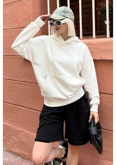 Ekru Kapüşonlu Oversize Cepli Sweatshirt Mg2207