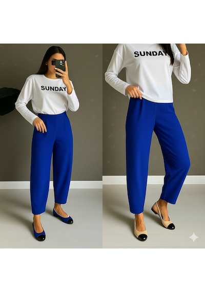Epilons Zenda1125 Kadın Yüksek Bel Krep Pantolon Zenda478 Saks Mavi