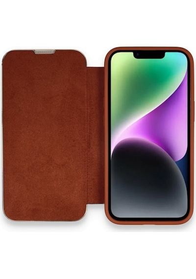 Apple Uyumlu iPhone 14 Pro Max Kapaklı Kılıf Parmak Izi Bırakmaz Dışı Deri Içi Süet Tasarım Kahverengi