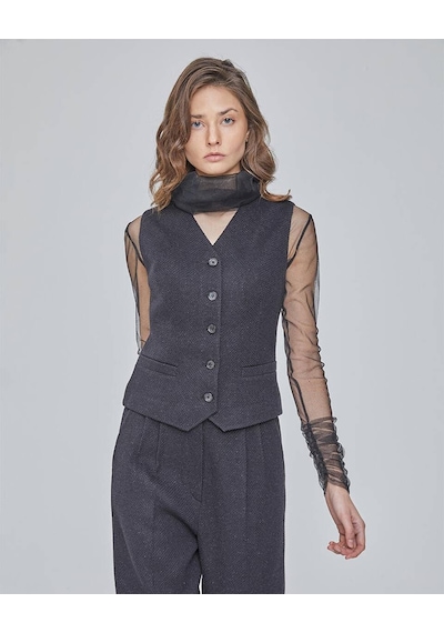 Örme Siyah Palazzo Pantolon-yelek Takım 001