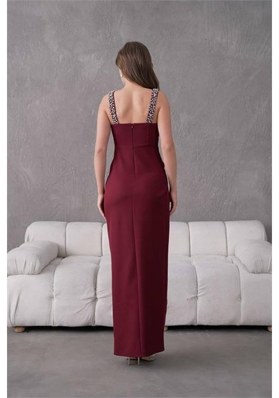 Neşeli Butik Kadın Taş Detaylı Askılı Uzun Abiye Elbise Nbs9367 Bordo
