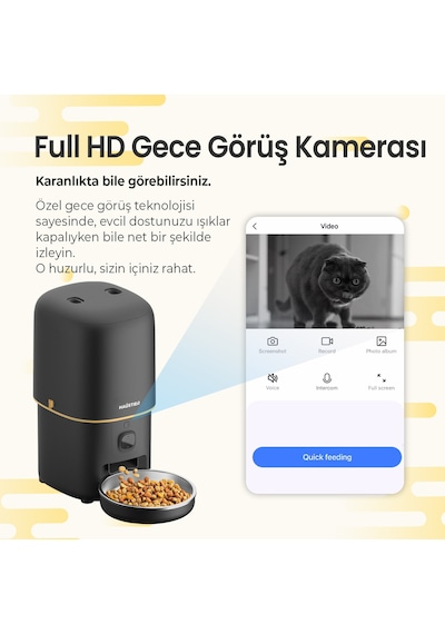 Haustier Pf05 Siyah Kameralı 1080p Fhd Gece Görüş Akıllı Otomatik Kedi Mama Kabı, Tuya App-wifi Uzaktan Kontrol, Sesle Çağırma, 2.4ghz-5ghz, 4lt Hazne, Metal Kase