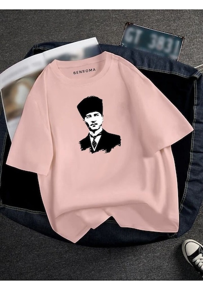 Atatürk Baskılı Oversize Unisex Tişört Pembe