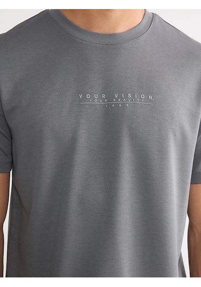 LC Waikiki Lcwaıkıkı Classic Gri Bisiklet Yaka Baskılı Erkek Penye Tişört Dark Grey